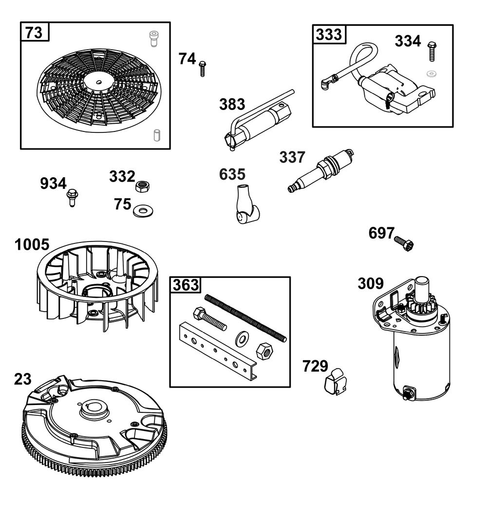 Flywheel, Ignition, And Starter Group Diagram and Parts List for 44U777-0015-G1 400000 - 699999 Briggs and Stratton Engine